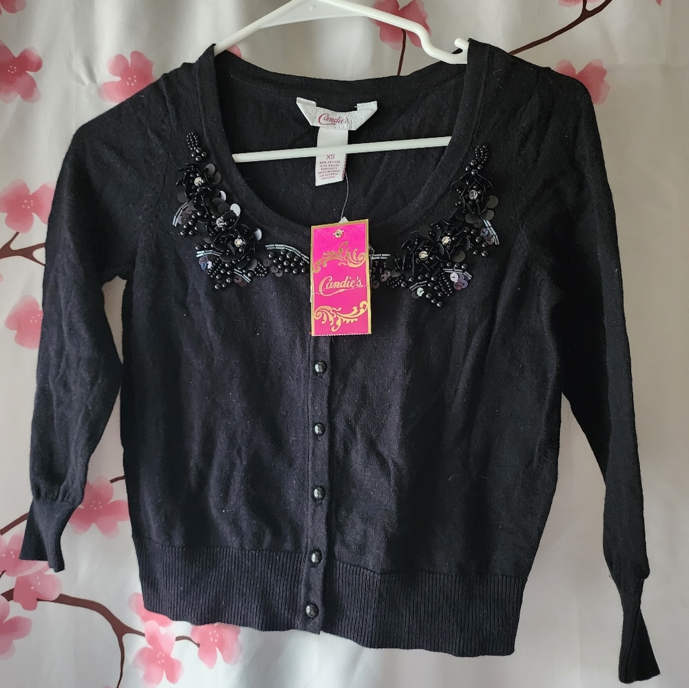 NWT Women's Candie's Black Cardigan Sequin Sweater 3/4 Sleeve Size XS